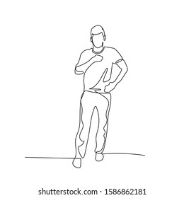 Continuous one line man stand and explain. Stock vector illustration.