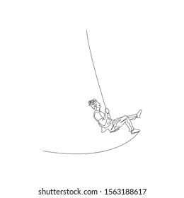 Continuous one line man swinging hard on a swing. Adults are still children. Vector illustration.
