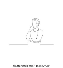 Continuous one line man think about something holding her hand to her chin. Vector stock illustration.