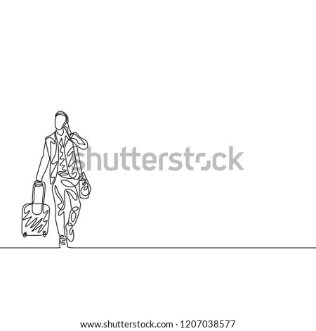 Continuous one line man with traveling bag and phone. Travel concept