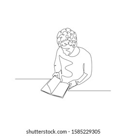 Continuous one line man turns the pages of a book. Education theme. Vector stock illustration.