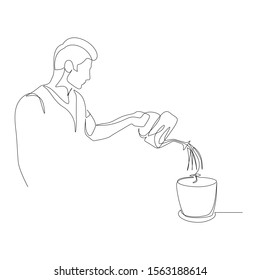 Continuous one line man is watering a plant in a pot. The concept of nurturing, investing and capital. Vector illustration.