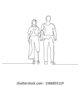 Continuous one line man and woman hold hands, a woman has a prosthetic leg. Disabled people. Vector stock illustration.
