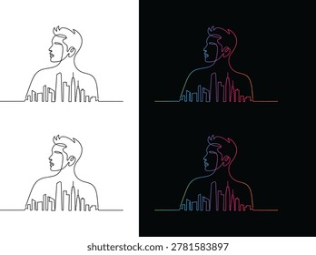 Continuous one line of a man's profile merged with a city skyline