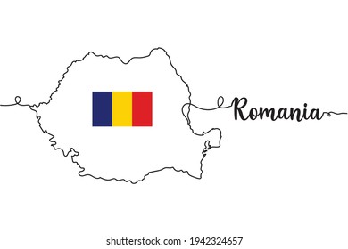 Continuous one line of map of Romania with flag. Minimal style. Perfect for cards, party invitations, posters, stickers, clothing.