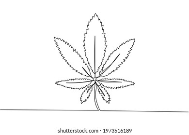 Continuous one line of marijuana cannabis in silhouette. Linear stylized. Minimal style.