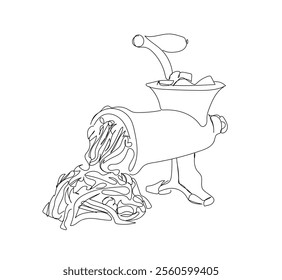 Continuous one line of meat grinder in silhouette on a white background. 
 Cooking forcemeat in electric meat grinder. Cooking concept. Mincer and mince. Hand made vector not AI 