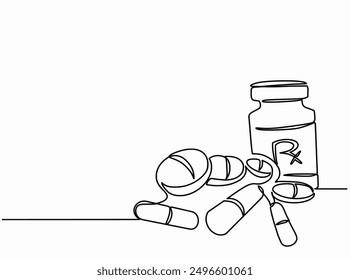Continua una línea de una botella de medicina con píldoras y cápsulas, Ilustración vectorial de dibujos animados dibujado a mano aislado sobre fondo blanco