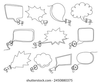 Continuous one line megaphone frame. Speech bubble with loudspeaker, marketing announcement template and bullhorn promo frames vector illustration set with editable stroke paths