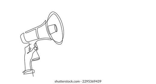 Continuous one line megaphone, loudspeaker hold by hand. Single line of horn speaker for marketing promotion, news, business concept for job offer, announcement and employee hiring in linear style