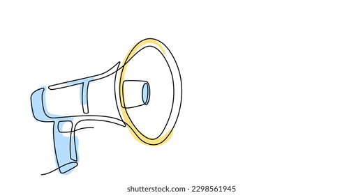 Continuous one line megaphone, loudspeaker with colored shapes. Single line of horn speaker for marketing promotion, news, business concept, announcement and employee hiring in linear style