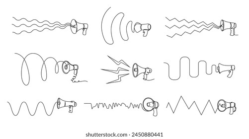 Sonido continuo de megáfono de una línea. Altavoz con ondas de audio, anuncios en voz alta y Ilustración vectorial para hablar en público con trazos editables de voz anunciada