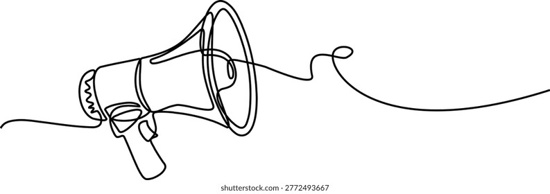 Continuous one line of a megaphone, symbolizing promotion in editable stroke, style hand drawing vector illustration.