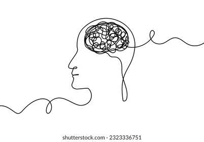 Continuous One Line Mental Chaos Brain Head Health Mind Art Sketch Вoodle Сoncept.  Stress Therapy Problem Continuous One Line Drawing. A Single Stroke of Healing: Vector Drawing for Mental Well-being