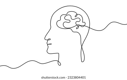 Continuous One Line Mental Chaos Brain Head Health Mind Art Sketch Вoodle Сoncept.  Stress Therapy Problem Continuous One Line Drawing. A Single Stroke of Healing: Vector Drawing for Mental Well-being