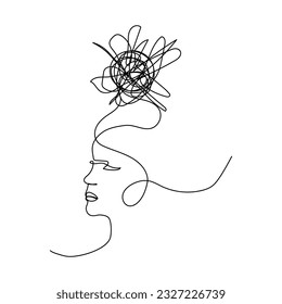 Continuous One Line Mental Chaos Brain Head Health Mind Art Sketch Вoodle Сoncept.  Stress Therapy Problem Continuous One Line Drawing. A Single Stroke of Healing: Vector Drawing for Mental Well-being