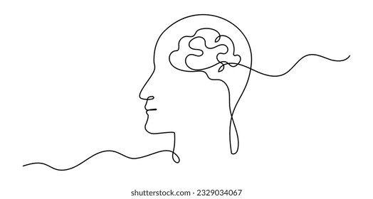 Continuous One Line Mental Chaos Brain Head Health Mind Art Sketch Вoodle Сoncept.  Stress Therapy Problem Continuous One Line Drawing. A Single Stroke of Healing: Vector Drawing for Mental Well-being