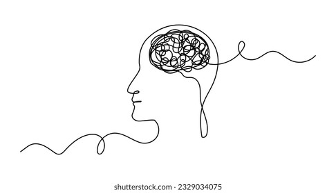 Continuous One Line Mental Chaos Brain Head Health Mind Art Sketch Вoodle Сoncept.  Stress Therapy Problem Continuous One Line Drawing. A Single Stroke of Healing: Vector Drawing for Mental Well-being