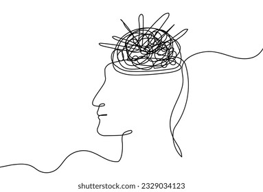 Continuous One Line Mental Chaos Brain Head Health Mind Art Sketch Вoodle Сoncept.  Stress Therapy Problem Continuous One Line Drawing. A Single Stroke of Healing: Vector Drawing for Mental Well-being