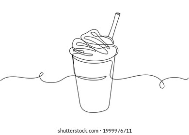 Continuous one line of milkshake in plastic take away cup in silhouette on a white background. Linear stylized.Minimalist.