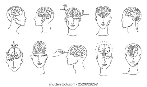 Continuous one line mind. Human head with brain, creative thinking, mental health and personal growth hand drawn concept line art vector illustration set.