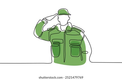 continuous one line Minimalist Drawing of a Saluting Soldier in Uniform vector illustration, The simple illustration captures the essence of duty, respect, and patriotism