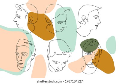 Continuous one line modern abstract male faces.Set of six hand drawn contemporary silhouettes.Minimalistic concept with fashionable men's style.Pastel color trendy vector illustrations.Mid century art