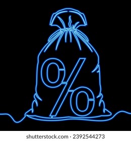 Signo continuo de bolso de dinero de una línea. Símbolo de porcentaje de crédito. Icono de esquema único de préstamo neón resplandor concepto de ilustración de vector