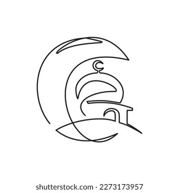 Continuous one line mosque and half moon ramadan vector. Great mosque crescent moon landscape hand drawing style vector illustration for ramadan eid template. Mosque Line Symbol. Ramadhan Eid Line.
