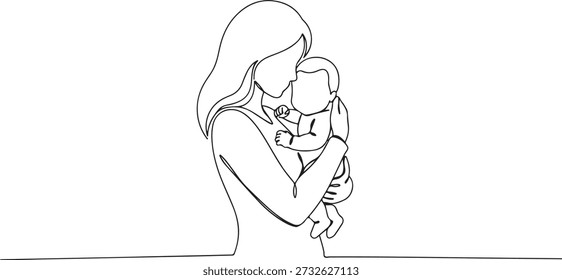 Kontinuierliche Linie einer Mutter, die ihr Baby hält, die Pflege und Zärtlichkeit repräsentiert, gezeichnete Vektorgrafik.