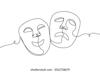 Continuous one line of movie masks in silhouette on a white background. Linear stylized.Minimalist.