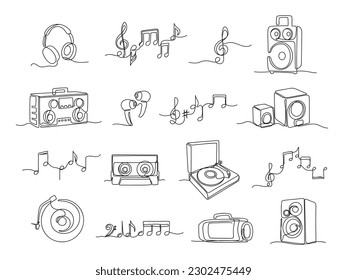 Kontinuierliche Illustrationen aus einer Hand. Lineare Kopfhörer, Lautsprecher und handgezeichnete, handgezeichnete Noten, Vektorset. Vinyl-Scheiben und Kassette, Dreifach-Klappe einzeln auf Weiß