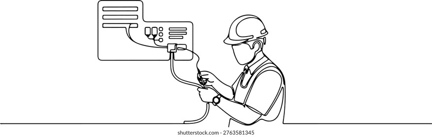 Continuous one line of a network technician repairing cables, modern connectivity symbol, style hand drawing vector illustration.