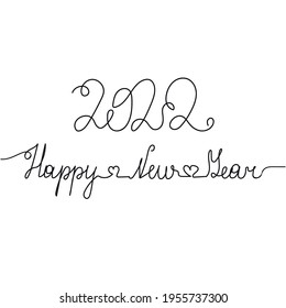 Continuous one line of New Year 2022 in silhouette. Minimal style. Perfect for cards, party invitations, posters, stickers, clothing. Black abstract icon. Happy new year text