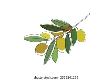 Continuous one line of olive branches in silhouette. Minimal style. Perfect for cards, party invitations, posters, stickers, clothing. Black abstract icon.  Hand made vector not AI 