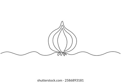 Continuous one line onion for grocery store, Continuous one line drawing of onion for grocery store. One line drawing illustration of red onion vegetable.