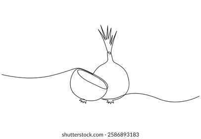 Continuous one line onion for grocery store, Continuous one line drawing of onion for grocery store. One line drawing illustration of red onion vegetable.