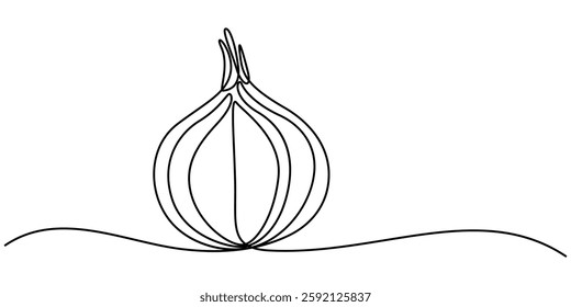 Continuous one line onion for grocery store, printing on posters and banners. Linear style, Onions are drawn in one continuous line. Minimalist illustration emphasizing layers and shape.