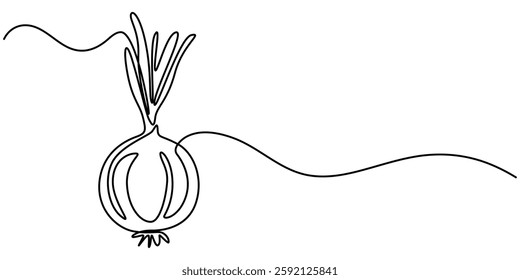 Continuous one line onion for grocery store, printing on posters and banners. Linear style, Onions are drawn in one continuous line. Minimalist illustration emphasizing layers and shape.