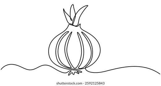 Continuous one line onion for grocery store, printing on posters and banners. Linear style, Onions are drawn in one continuous line. Minimalist illustration emphasizing layers and shape.