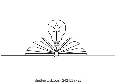Continuous one line open book  of shining light bulb above open text book world educational knowledge concept
