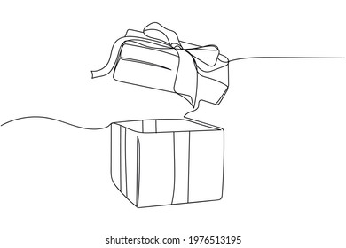Continuous one line of open gift box silhouette. Linear stylized. Minimalist. Christmas, birthday concept
