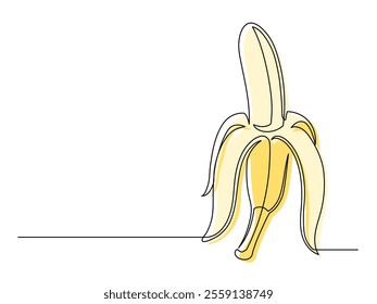 Continuous one line open yellow banana isolated on white background. Simple fruit silhouette. Hand drawn banana outline. Vector illustration