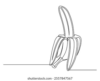 Continuous one line of opened banana isolated on white background. Simple silhouette of fruit. Hand drawn banana outline. Vector illustration