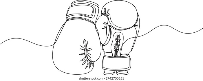 Continuous one line of a pair of boxing gloves, symbolizing strength, endurance, and training, drawn illustration.