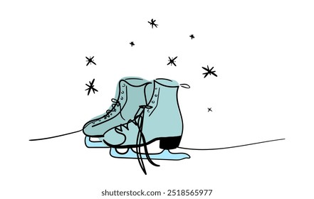 Continuous one line of pair of figure ice skates hanging in silhouette on white background. Winter illustration