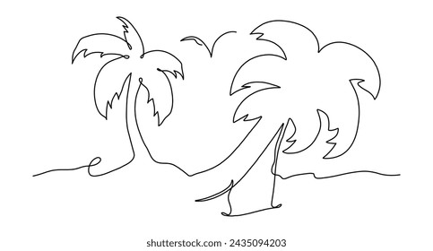  Continuous one line palm tree sketch island art. Vector abstract tropics minimal landscape illustration.