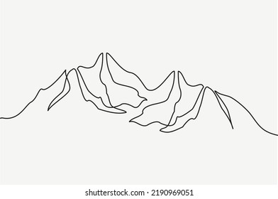 Continuous one line from panoramic image of beautiful mountain. Vector illustration of line design for travel poster, tourism card and adventure logo. Minimalistic linear line of mountains.