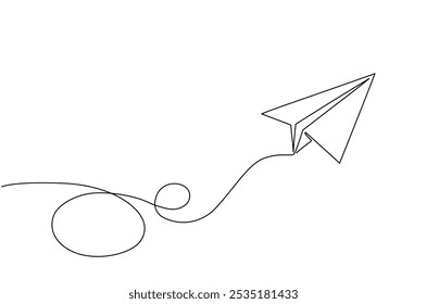 Continuous one line of a paper plane, Cartoon doodles isolated on white background, Vector Illustration, symbolizing creativity and business concepts in a playful design