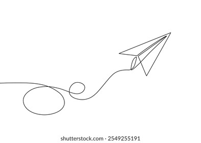 Continuous one line of paper plane, origami paper plane flying, Cartoon doodle hand drawn isolated on white background,Vector Illustration design, Editable stroke